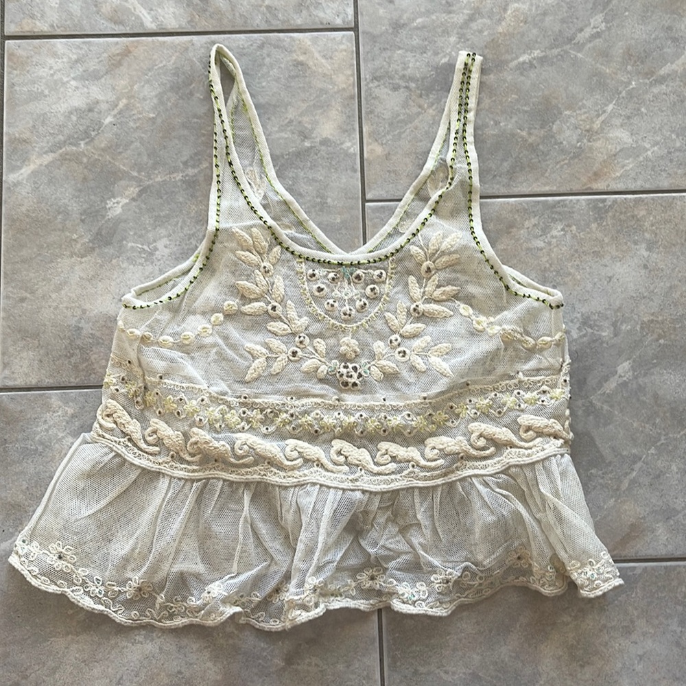 Free People Embroidered floral mesh babydoll top